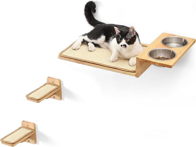 FUKUMARU Cat Wall Shelves, 3 in 1 Cat Wall Furniture Set, Cat Food Station with 2 Wall Steps, Solid Rubber Wood Cat Perch, Suitable for Cats Play, Nap, Eat, DIY Wall Jungle Gym