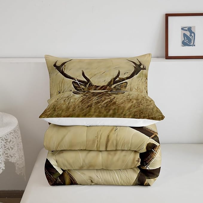 Antler Comforter Set King, Whitetail Deer Down Comforter, Stag Quilted Duvet, Countryside Rural Hunting Theme Comforter Set for Christmas Decorations Bedroom Decor All Season, Ultra Lightweight