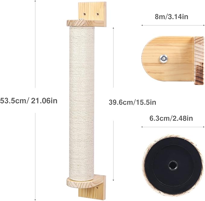 Wall Mounted Cat Scratching Post - 21'' Wooden Sisal Cat Scratcher,Hemp Rope Scratcher Posts for Indoor Cats or Kittens- Cute Modern Wall Mounted Cat Furniture