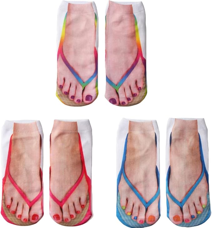 3D Manicure Print Socks Funny Flip Flop Socks 3D Pattern Socks Sandal Socks Low Cut Ankle Silly Socks- A Gag Gift
