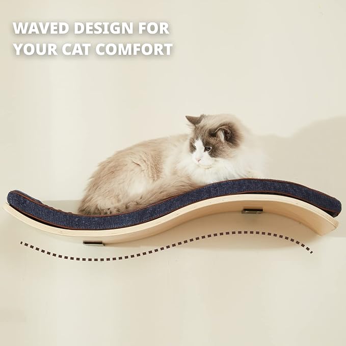 Cat Shelf with Comfortable Cat Cushion - Wave Modern Cat Bed - Minimalistic Floating Cat Wall Perch - Wooden Wall Mounted Cat Furniture for Sleeping, Playing, Climbing, and Lounging