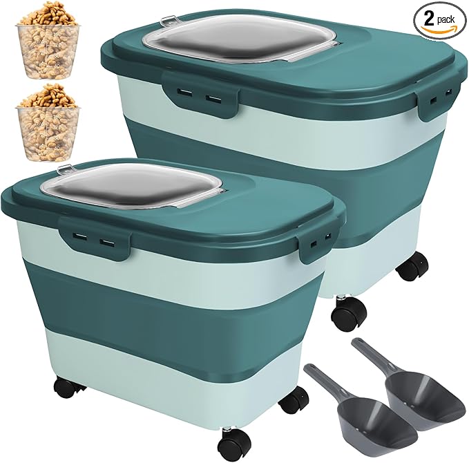 2 PCS Dog Food Storage Containers 15-20 Lbs Collapsible Dog Food Storage Container - with Measuring Cup &Scoop(Green+Green)