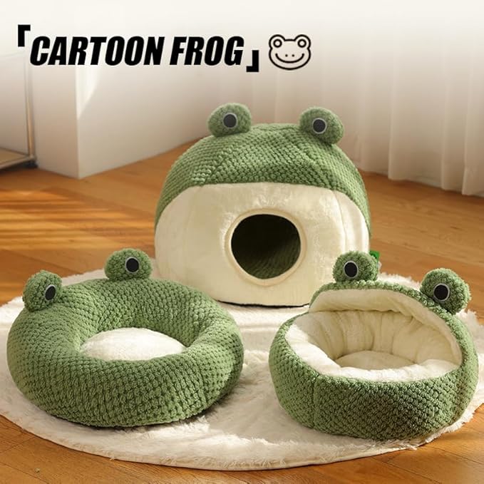 Cute Frog Hooded Cat Bed with Non-Slip Bottom, Covered Round Fluffy Frogs Cave Green, Semi-Closed Pet Mat for Cats and Small Dogs