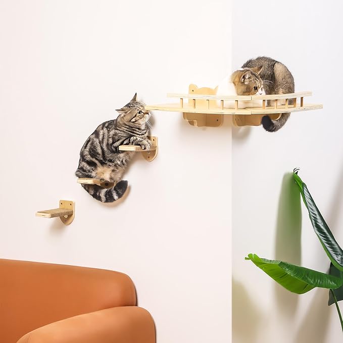 Cat Shelves for Wall, 2 Pcs Cat Wall Shelves with 3 Cat Wall Steps, Wood Cat Wall Furniture Set with Plush Covered, Wall-Mounted Cat Climbing Shelves Cat Perch for Indoor Large Cat (Wood)
