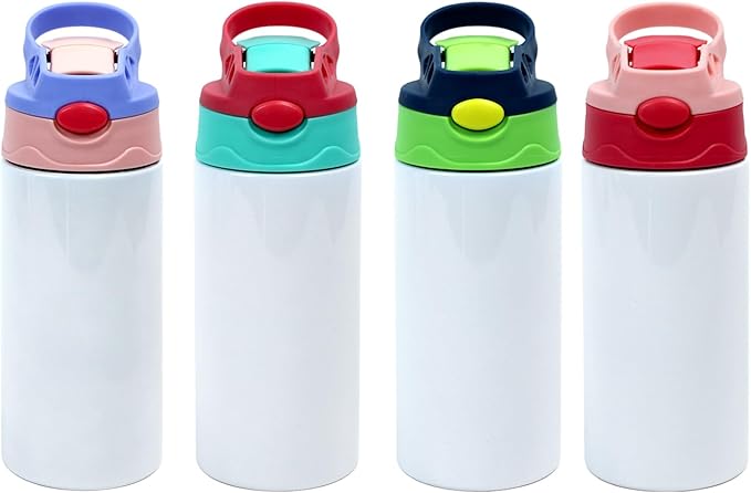 4 Pcs Sublimation Blank Stainless Steel water bottle 12 OZ Straight Stainless Steel Insulated Tumblers Different Color Splash-Proof Lid Shatterproof Water Cup