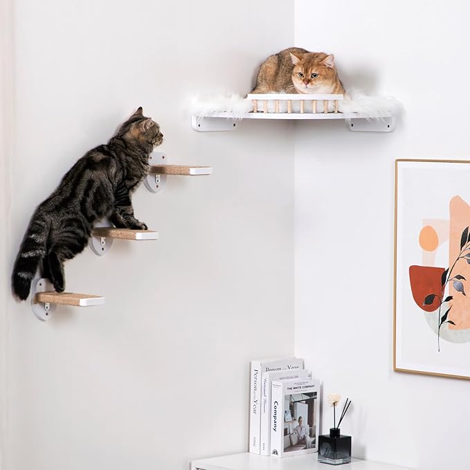Cat Wall Shelves, Corner Cat Shelf with 3 Cat Wall Steps, Cat Shelves for Wall Large Cats Set, Cat Wall Bed with Plush Covered, Wall Mounted Cat Climbing Shelf for Indoor Cats (White)