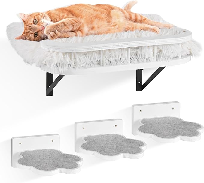 Cat Wall Shelves with Cooling Mat and Plush Cushion, Cat Shelves and Perches for Wall with 3 Wall Steps, Cat Wall Furniture Cat Climbing Shelf Cat Scratching Post for Sleeping, Playing, Gift for Cat