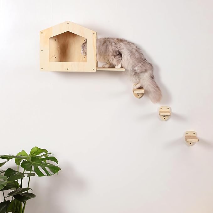 Cat Wall Shelves, Cat Shelves for Wall, Cat House Wall Furniture, Cat Condo Shelf with 3 Steps Scratching Post, Cat Bed Hammock Wall Mounted, Climbing Shelf Wall Mount for Indoor Cats (Wood)