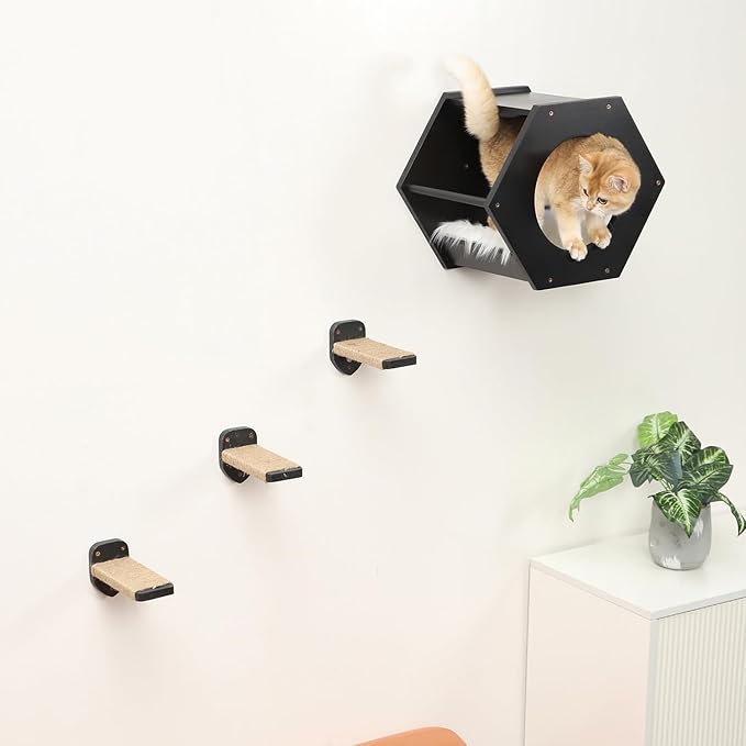 Cat Wall Shelves, Cat Shelves for Wall, Cat Wall Furniture, Cat Shelf with 3 Steps Scratcher Post, Cat Tree Hammock with Plush Wall Mounted, Climbing Shelf Wall Mount for Indoor Cats (Black)