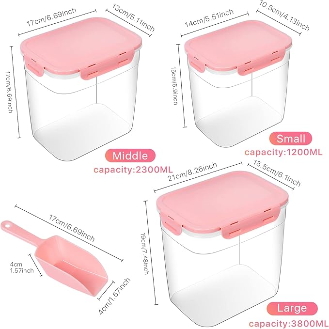 3 Pieces Animal Food Storage Containers, Plastic Dog Food Storage Container with Spoon, 4 Seal Buckles Pet Food Storage Containers for Dog Cat Treats(3.8 L+ 2.3L +1.2L)