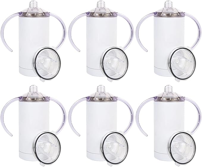 6 Pack Sublimation Blanks Sippy Cup Baby Bottle with Handles Straight Stainless Steel Insulated Skinny Tumblers with Splash proof Lid 12 oz Shatterproof Water Tumbler