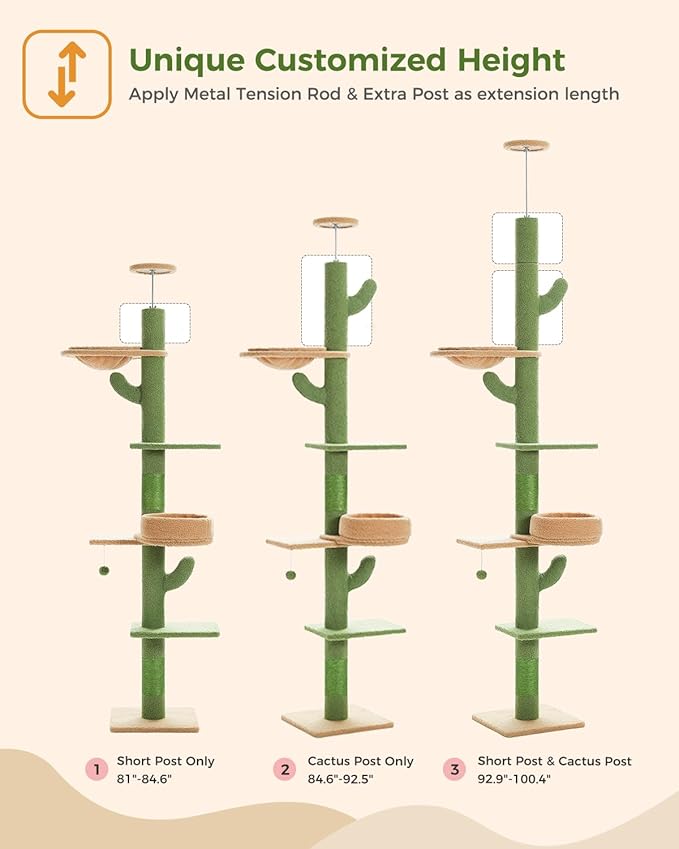 PETEPELA Floor to Ceiling Cat Tree [87"-100"] Height Adjustable, 5 Levels Cactus Cat Tower with Cat Perch&Replaceable Hammock(Visible Acrylic Bowl), 4.1" Super Robust Cat Scratcher Green