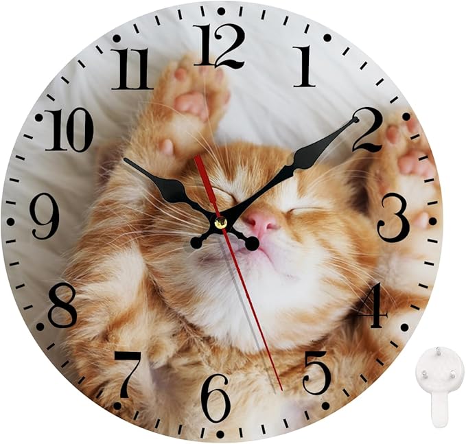 Ansouyi Round Wall Clock Battery Operated Clocks Wallclock 10 Inch,Cute Little Ginger Cat Sleeps Silent Non Ticking Wall Clock for Living Room,Kitchen,Home,Bathroom,Bedroom,Office or School