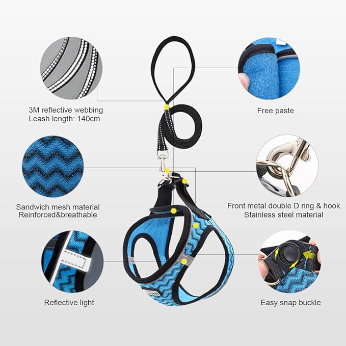 Soft Mesh Dog Harness and Leash Set, Step-in Reflective Breathable Comfort Padded Quick Dry Pet Puppy Vest Harness for Extra-Small/Small Medium Dogs and Cats (Blue, XS)