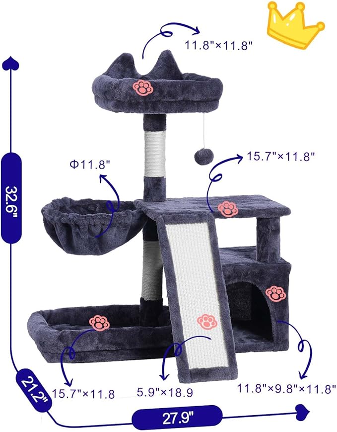 Cat Tree, Cat Tower with condo, Basket, Large Bed, Platform, Scratch Board, Cat Scratching Posts for Indoor Cats, Smoky Gray GCT002SG