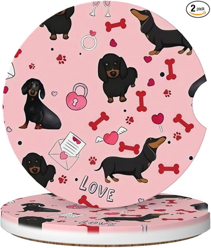 Absorbent Ceramic Car Coasters for Cup Holders, Cute Pink Dachshund Design 2.56" Anti Slip Universal Drink Cup Coasters for Women Men (2 Pack)