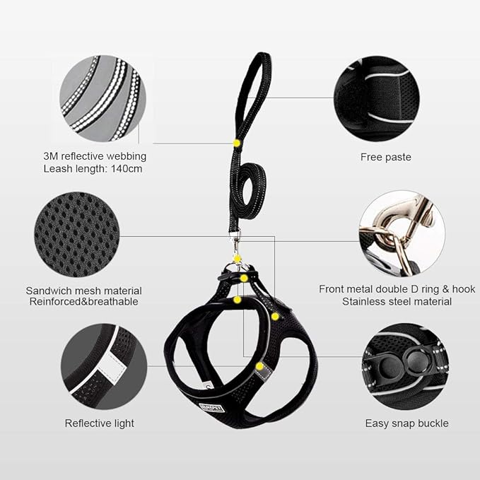 Soft Mesh Dog Harness and Leash Set, Step-in Reflective Breathable Comfort Padded Quick Dry Pet Puppy Vest Harness for Extra-Small/Small Medium Dogs and Cats (Black, L)