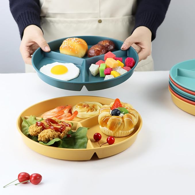 9.5 Inch Divided Plates Portion Control Plates 8 Pcs, Wheat Straw Dinner Plates, Microwave & Dishwasher Safe Bariatric Plate for Portion Control (Multicolor)