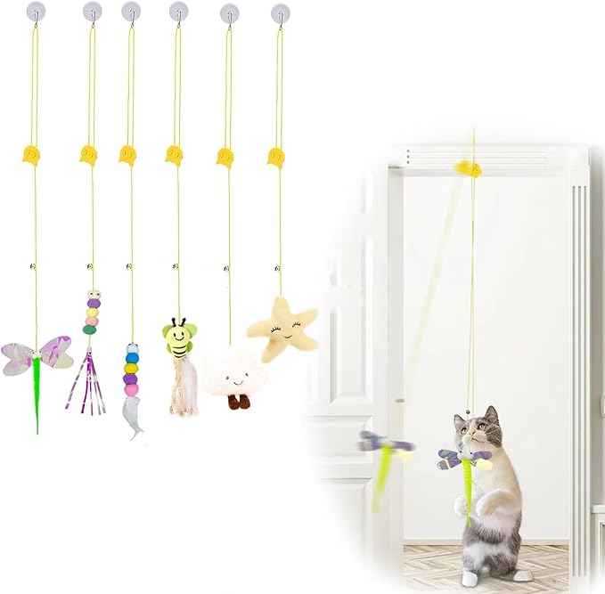 AYWVRBST 6Pcs Retractable Cat Toy with Bell, Hanging Interactive Cat Toy 6 Different Pieces, Cat Chase Practice, Indoor Cat Self-Play Toy, Cat Teaser Toy with Adhesive Hooks