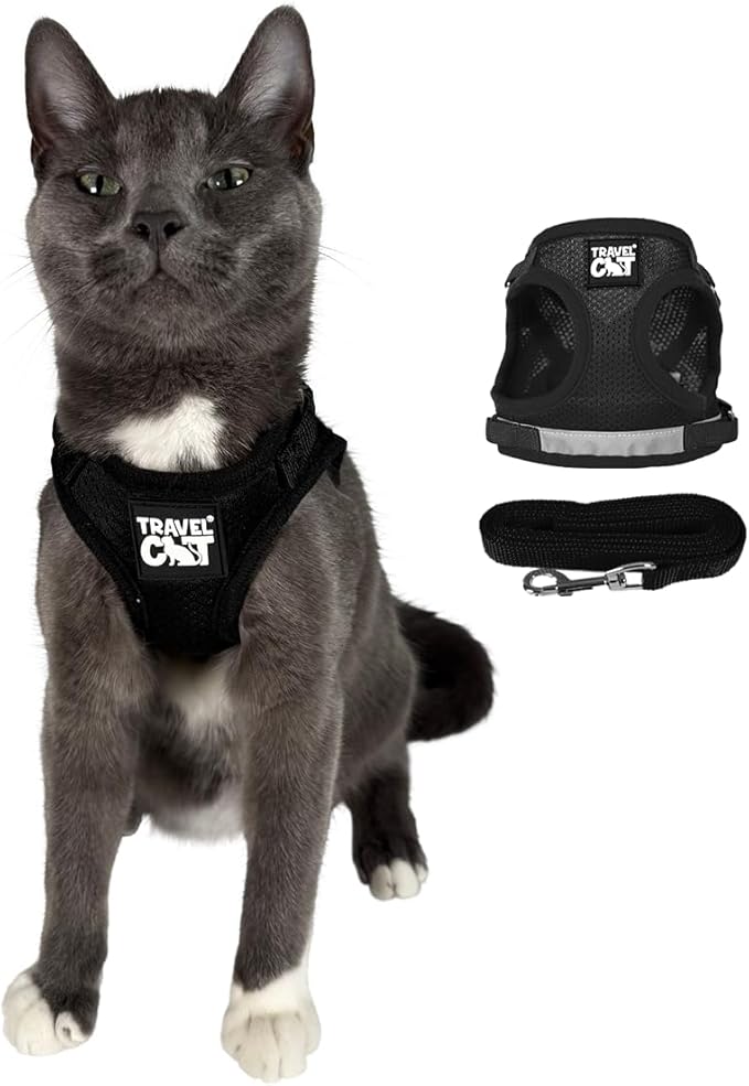 Travel Cat Harness and Leash Set - Adjustable Fit Mesh Cat Harness and Reflective Strap - Comfort Escape Proof Harness for Cats, Kitten for Outdoor Walking, Hiking (Small, Black)