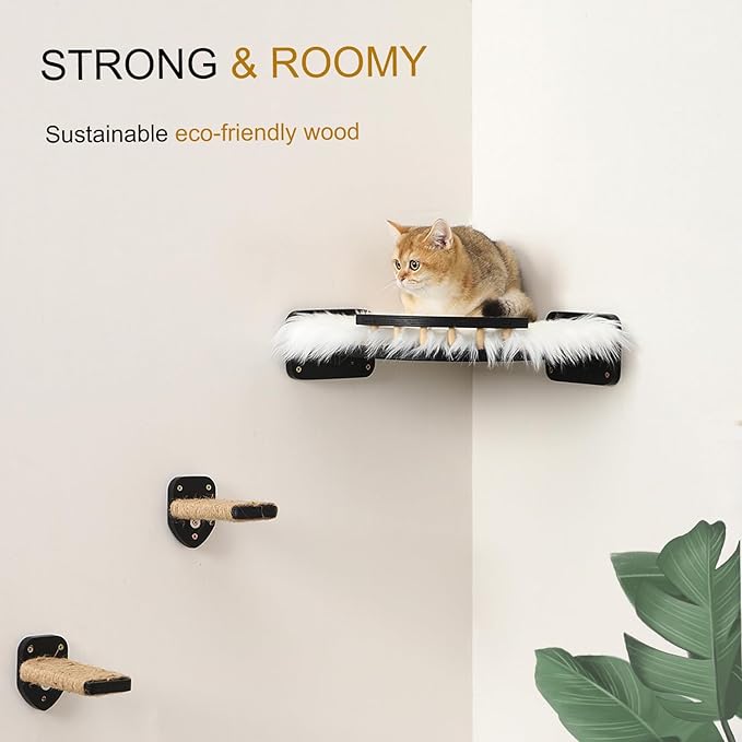 Cat Wall Shelves, Cat Shelves and Perches for Wall, Cat Wall Furniture, Corner Cat Shelf with 3 Steps Scratch Post, Cat Bed Hammock with Plush Covered, Climbing Shelf for Indoor Cats (Black)