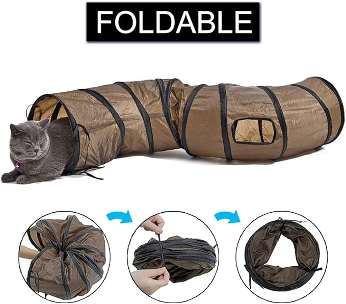 Andiker Cat Tunnel, S-Shape Cat Tunnel Pet Tube Collapsible Play Toy Indoor Outdoor Toys for Exercising Hiding Training and Running Cat Puzzle Toy with 2 Side Holes (Brown)
