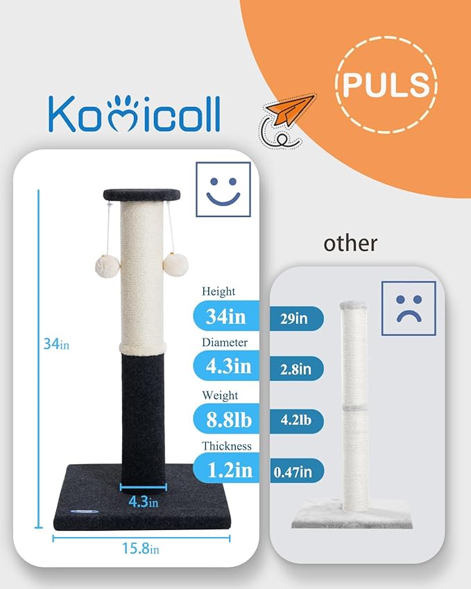 34-Inch Tall Cat Scratching Post for Indoor Cats, Large Carpet Scratch Post, Sisal Cat Scratcher, Sturdy and Durable Cat Post with Hanging Ball