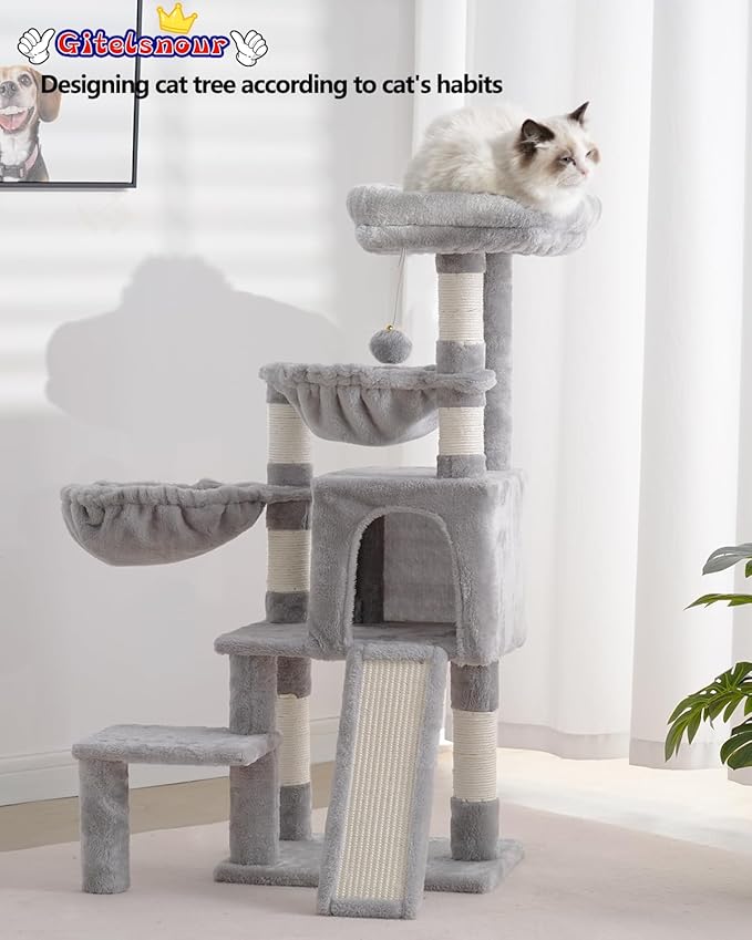 Cat Tree, Cat Tower with condo, 2 Baskets, Large Platform, Scratch Board, Cat Scratching Posts for Indoor Cats, Light Gray GCT003SW