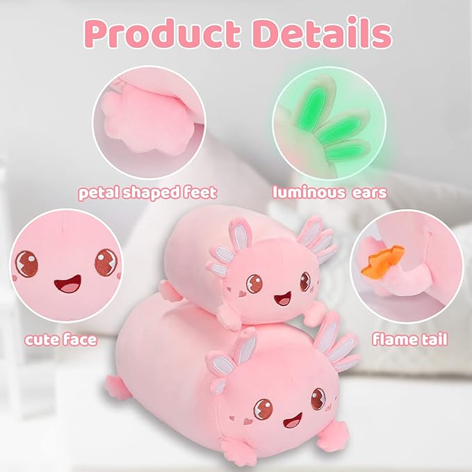 AIXINI Cute Pink Axolotl Plush Pillow 8" Luminous Salamander Axolotl Stuffed Animal, Soft Kawaii Plushies Hugging Plush Pillow Toy Gifts
