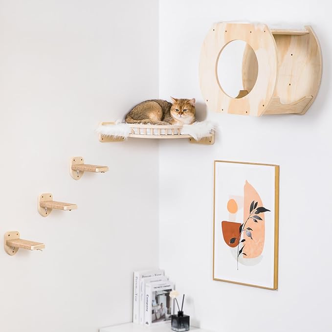 Cat Wall Shelves Cat Wall Furniture, Cat Shelf with 3 Cat Wall Steps,Cat Shelves for Wall Large Cats Set,Cat Wall Bed with Plush Covered, Wall Mounted Cat Climbing Shelf for Indoor Cats