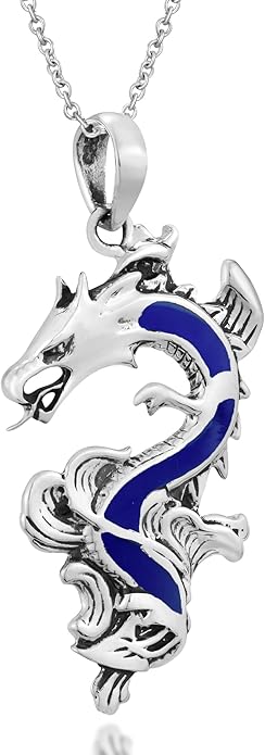 AeraVida Legendary Chinese Dragon Charm Stone Inlaid Accent .925 Sterling Silver Pendant on 18-inch Chain Necklace | Dragon Jewelry Necklace Accessory for Men Women Unisex