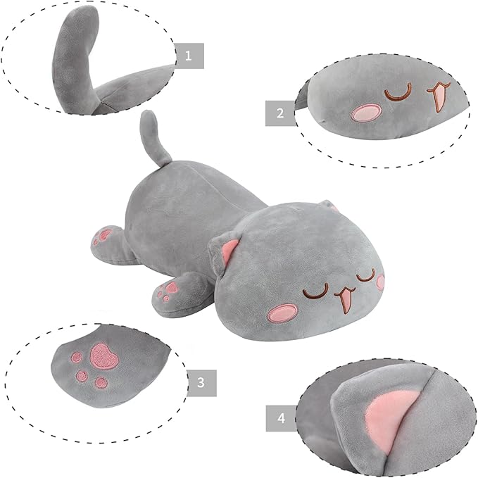 AFAN Cat Stuffed Animals Plush Cute Soft Cat Plush Pillow Toys Kawaii Plushies Room Decor Gifts for Kids Girls Boys (Squinted Eyes, Grey, 13.7 Inch)