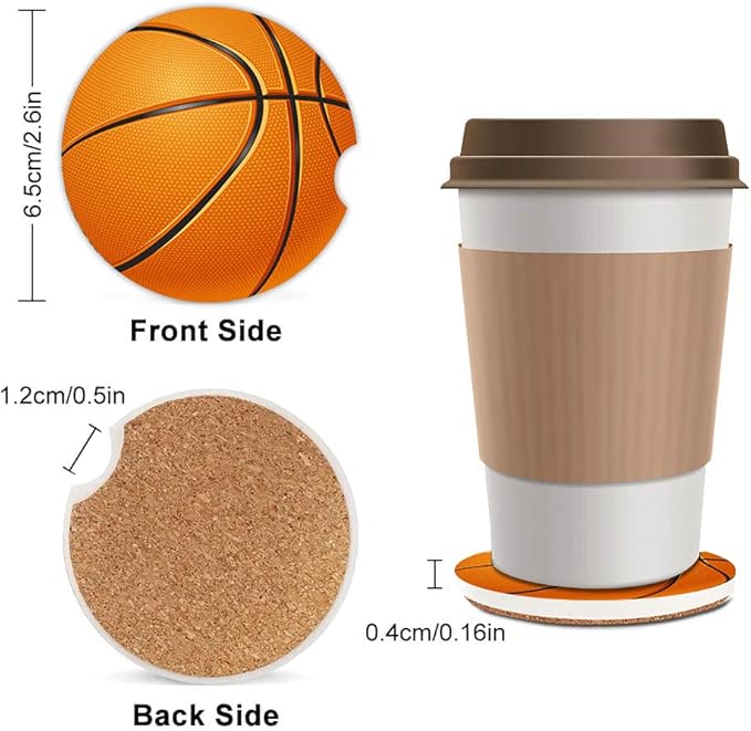 Basketball Absorbent Car Coasters,Cool Ceramic Cup Holders Coasters with a Finger Notch for Women Men 2.56"(2 Pieces)