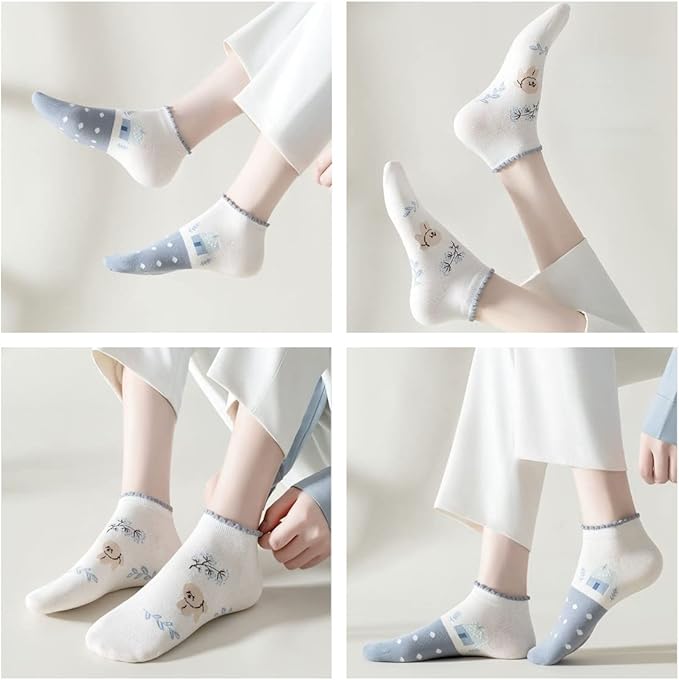 5/10 Pairs Combed Cotton Socks for Women with Cute Animals/Flowers Patterned Ankle Socks