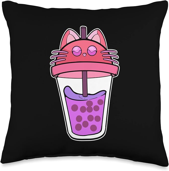 Anime Cat Girl Bubble Tea Manga Figure Kitten Boba Cats Throw Pillow