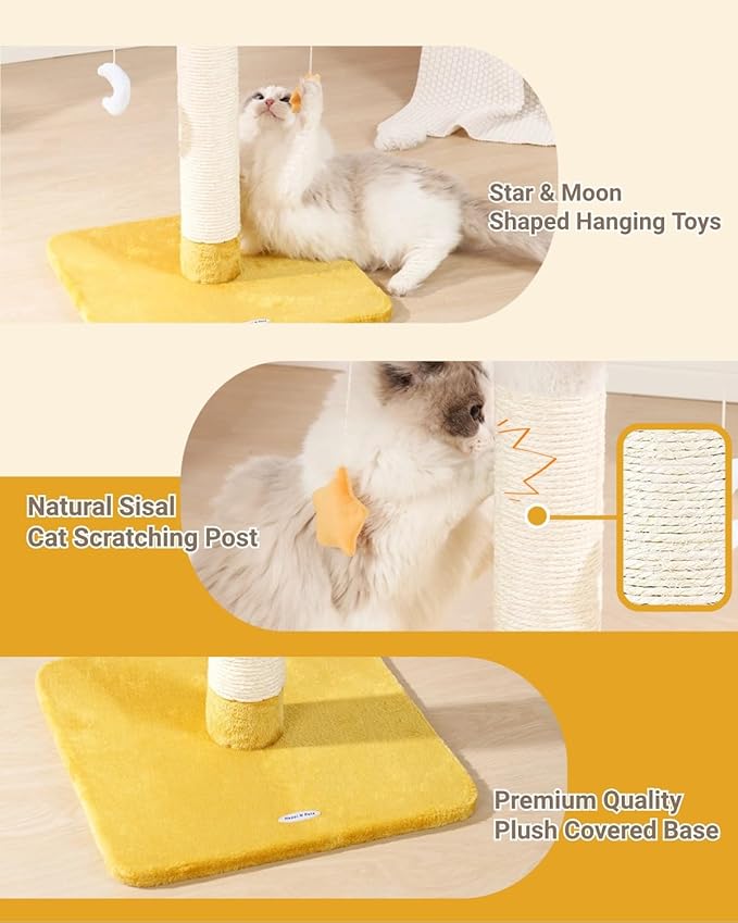Happi N Pets 28" Large Cloud Cat Scratching Post with Bed(Ø15.3in), Cat Tree Tower for Indoor Cats, Tall Scratch Post with Natural Sisal Ropes & Soft Plush Perch, Removable Cover & Enhanced Base