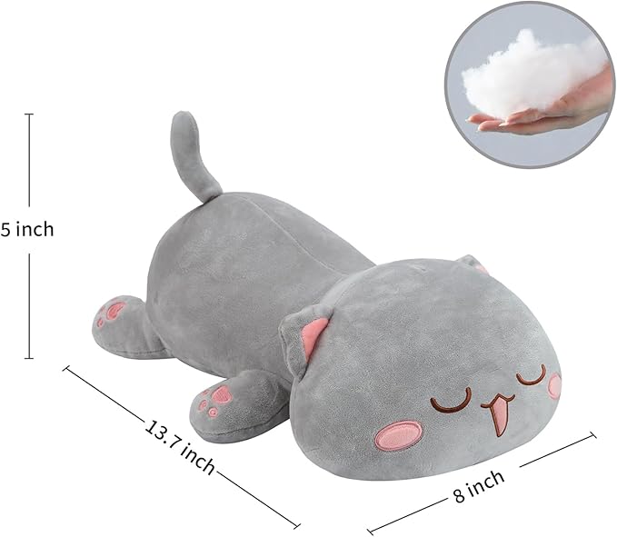 AFAN Cat Stuffed Animals Plush Cute Soft Cat Plush Pillow Toys Kawaii Plushies Room Decor Gifts for Kids Girls Boys (Squinted Eyes, Grey, 13.7 Inch)