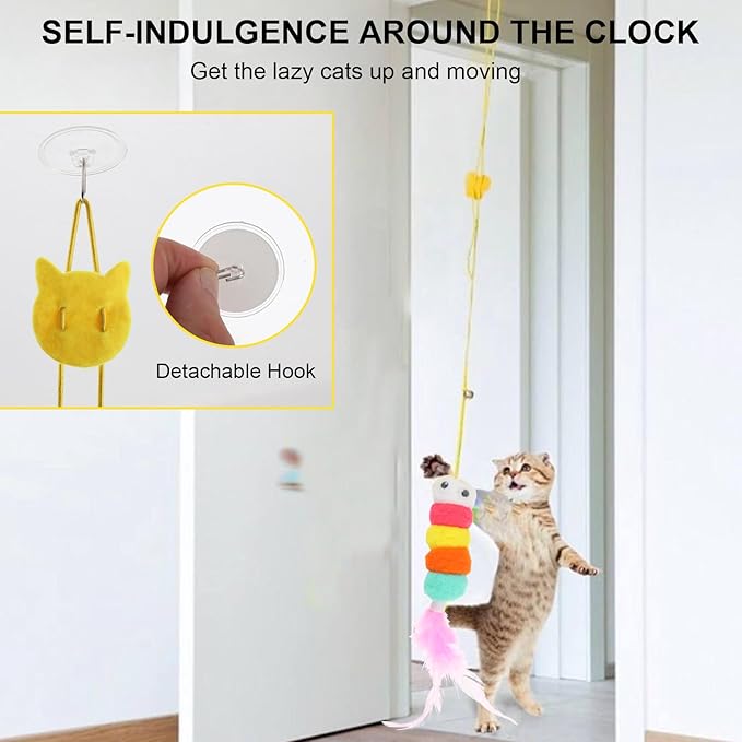 8pcs Cat Feathe Toys, Interactive Cat Toy for Indoor Cats, Suction Cup Cat Toys for Indoor Cats, Replacements Feathers Worm, Hanging Cat String Toy for Bored Indoor Kitten