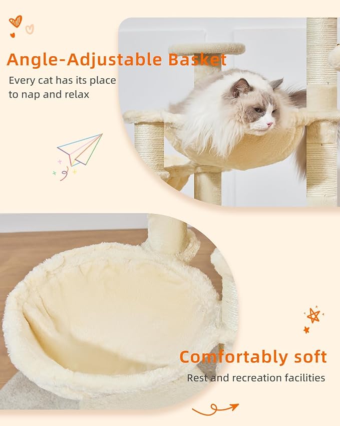 Taoqimiao Cat Tree, 48-Inch Cat Tower for Kittens, Cat Tree Tower with 5 Scratching Posts, Plush Cat Condo with Plush Perch, 2 Hammock, Pompoms, Light Gray MS019L-M