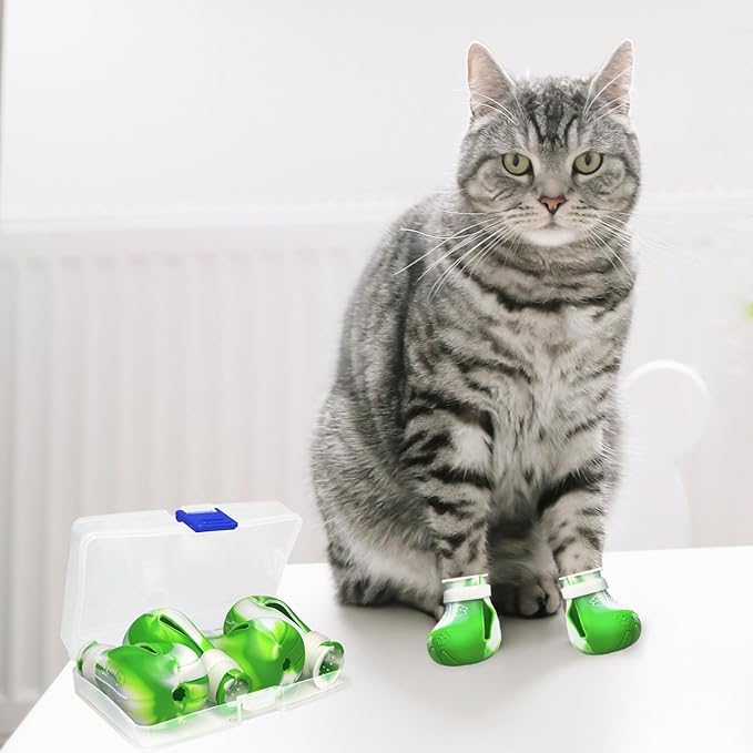 4 Pcs Cat Boots for Cats Only Cat Claw Covers Silicon Cat Mittens to Prevent Scratching Cat Booties for Bathing Nail Clipping Barbering Treatment (Green&White)