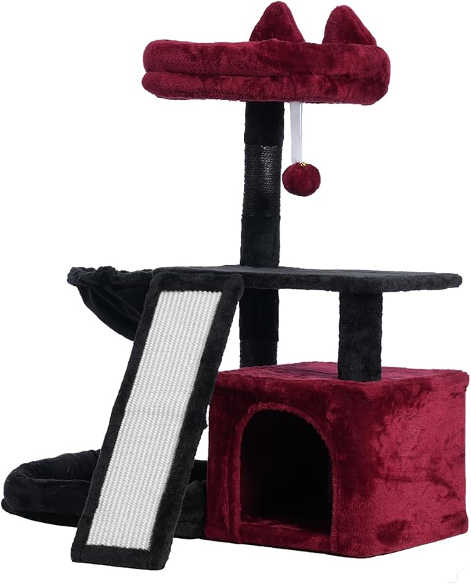 Gothic Cat Tree, Halloween Cat Tower with condo, Basket, Large Bed, Platform, Scratch Board, Cat Scratching Posts for Indoor Cats, Black and Red GCT002SBR