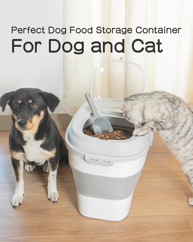 35LBS Collapsible Dog Food Storage Container, Pet Dog Pantry Large Containers Bin with Wheels,Scoop & 2pcs Food Storage Containers, Kitchen Cereal Flour Rice Leakproof Dry Holder-Grey