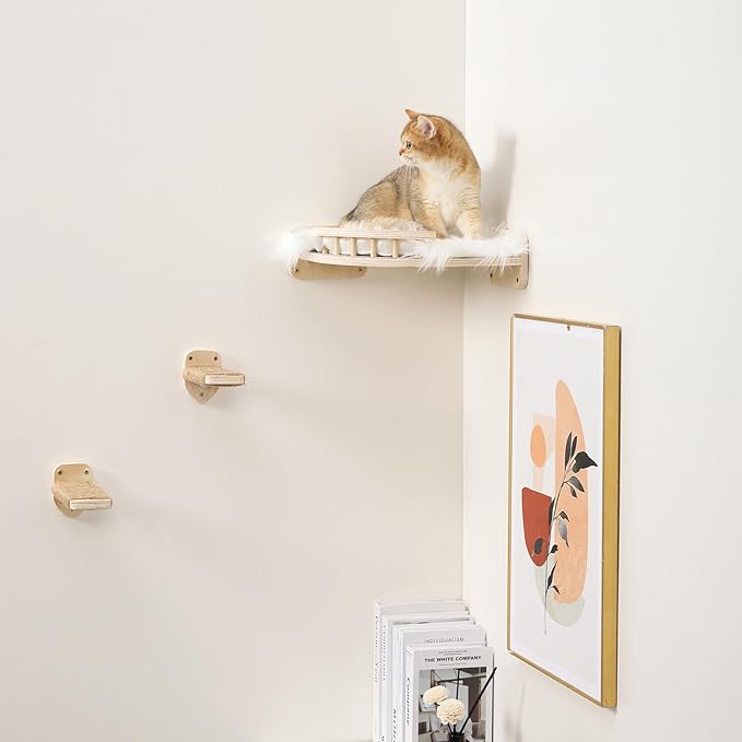 Cat Wall Shelves, Cat Shelves and Perches for Wall, Corner Cat Shelf with 3 Steps Scratch Post, Cat Bed Hammock with Plush Covered, Climbing Shelf for Indoor Cats (Wood)