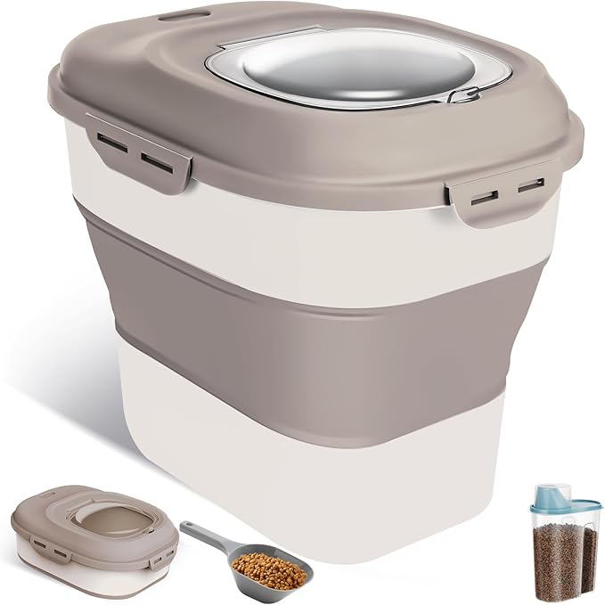 ANVS Dog Food Storage Container - Collapsible Dog Food Container with Airtight Lids, Scoop and 2.5L Small Pet Food Storage Container Dry Food For Dog, Cat and Other Pet Food (Khaki, 30 lbs)