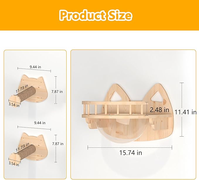 Transparent Capsule Cat Wall Furniture Set of 3, Cat Shelves with 2 Sisal Scratching Steps, Wall Mounted Cat Bed for Kitty or Cats up to 33 lbs
