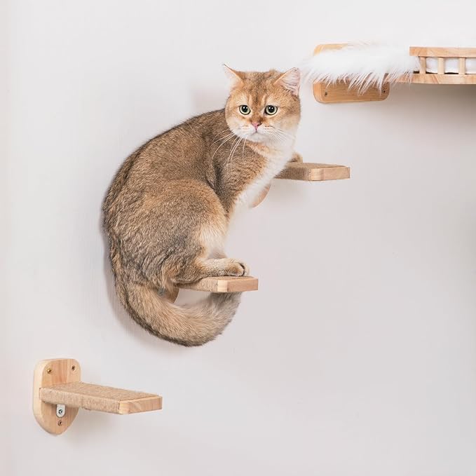 3pcs Cat Wall Steps, Cat Climbing Wall Mounted Cat Furniture, Cat Wall Shelves Cat Steps for Wall with Hemp Rope Covered, Solid Wood Cat Ladder for Cats Playing and Climbing (Standard-Wood)