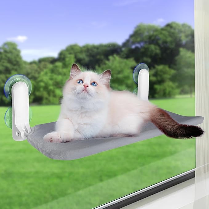 Cat Window Perch, Foldable Cat Window Bed with 4 Strong Suction Cups, Cordless Cat Hommack for Window Sill, Sturdy Metal Cat Window Seat Shelf for Indoor Cats with Reversible Cover(Grey)