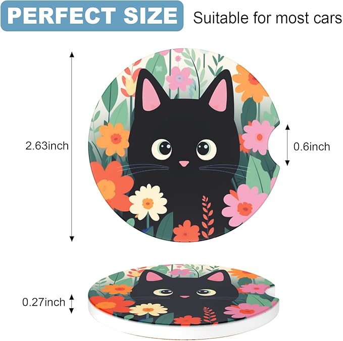 2 Pack Car Cup Holder Coaster, 2.63 inch Anti Slip Insert Absorbent Ceramic Car Coaster with Cork Base and Finger Notch, Cute Car Accessories Interior for Women, Cute Car Coasters., CH0025