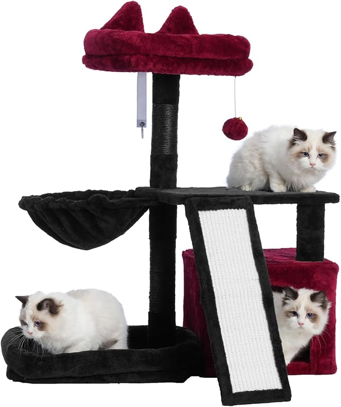 Gothic Cat Tree, Halloween Cat Tower with condo, Basket, Large Bed, Platform, Scratch Board, Cat Scratching Posts for Indoor Cats, Black and Red GCT002SBR