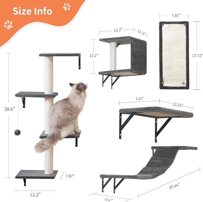 Modern Wall-Mounted Cat Furniture - 5pcs Cat Wall Shelves, Wooden Cat Climber Includes Cat House, Bridge, Tree, Steps, and Scratcher - Grey
